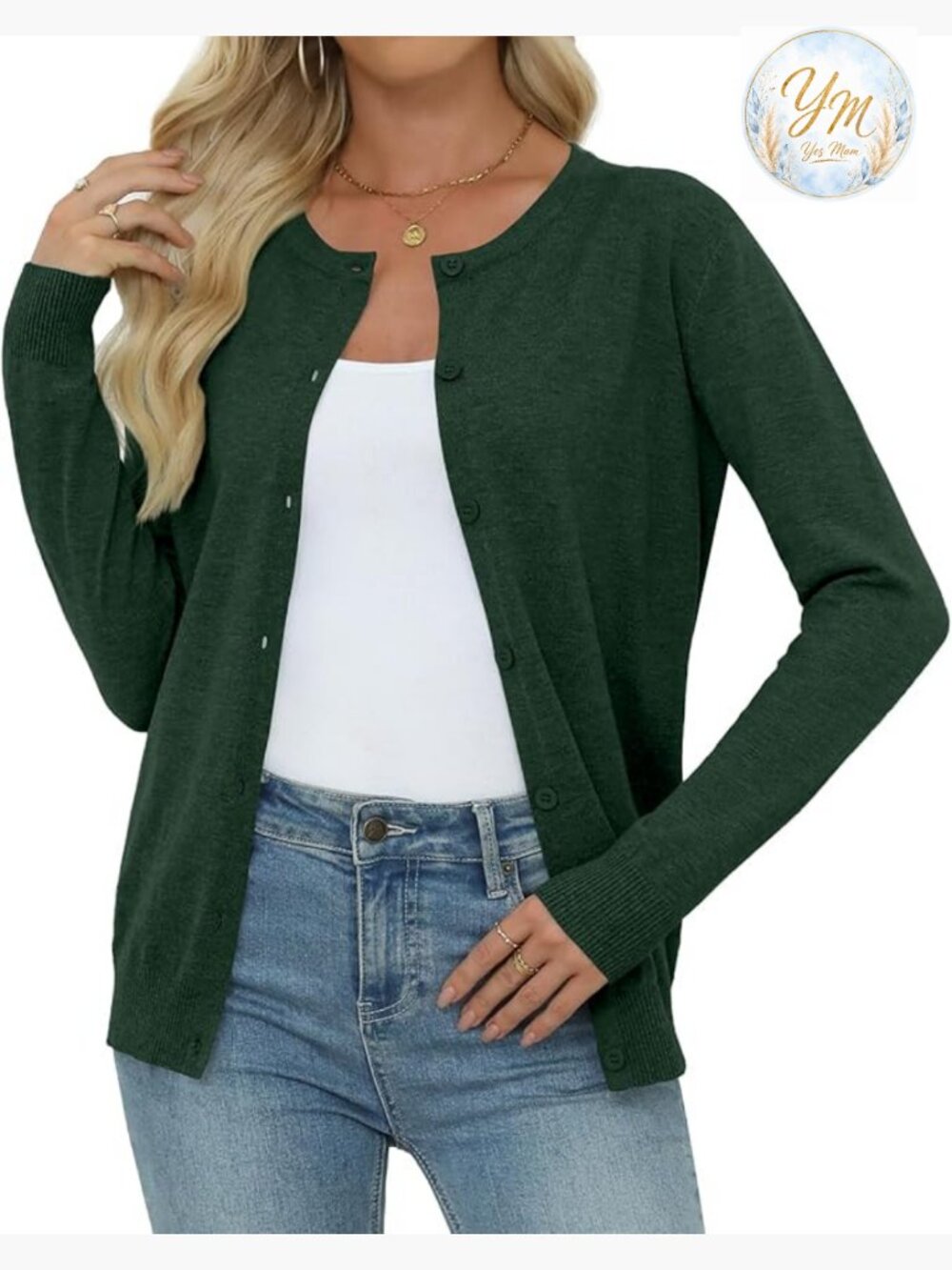 Lightweight Crew Neck Cardigan Long Sleeve Soft Knit Button Front Sweater